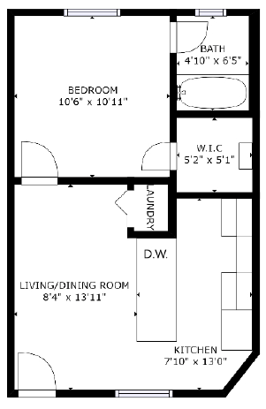 Floor plan for 1 bed, 1 bath, 407 sqft